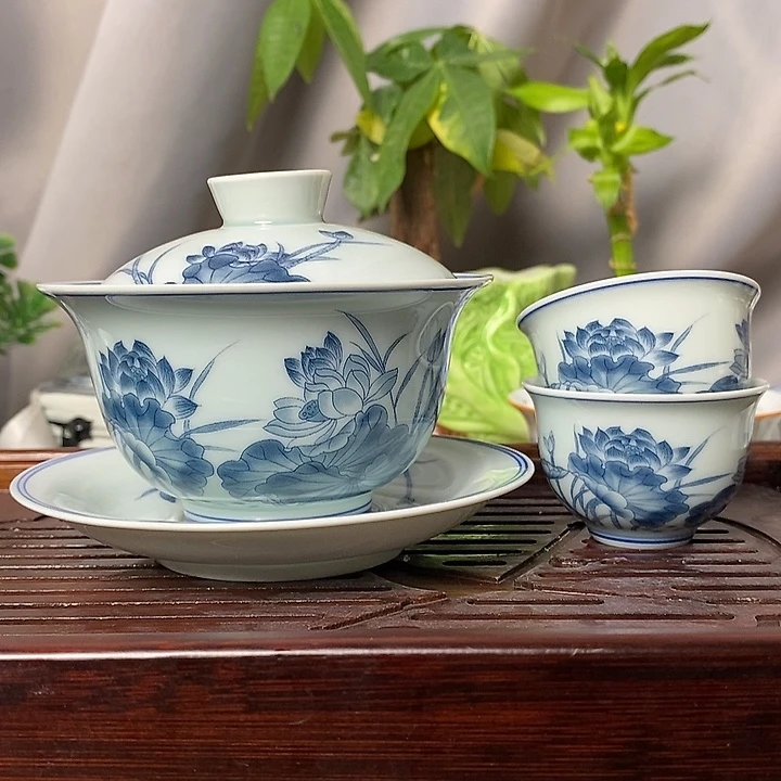 200ml复古盖碗荷花送两个杯子