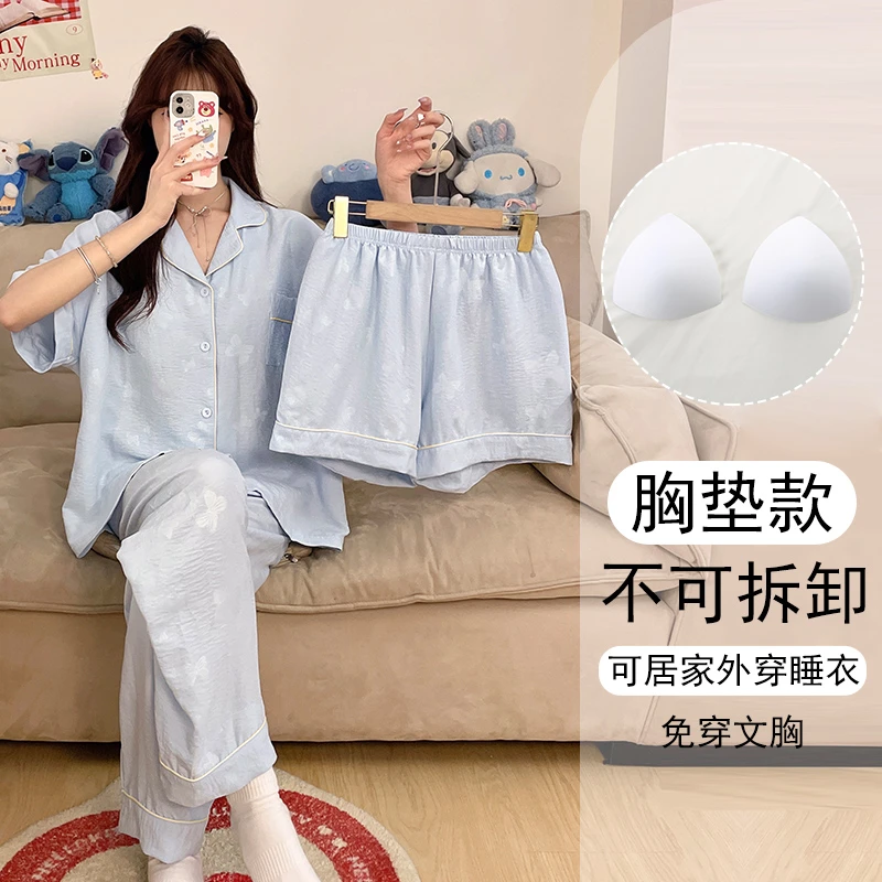 女大学生睡衣女款爆款2025新款夏大码短袖带胸垫可外穿家居服套装