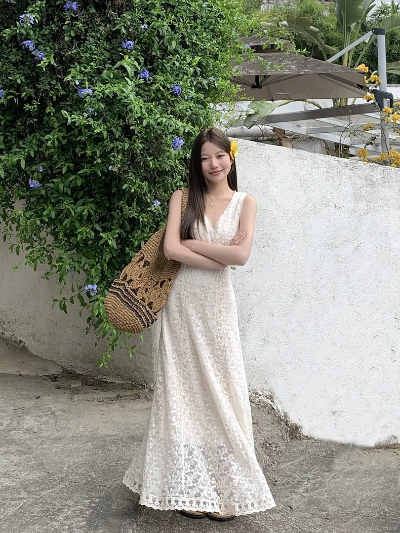 ZHUZHU 夏季新款韩系重工蕾丝钩花V领连衣裙收腰显瘦长裙女【525】