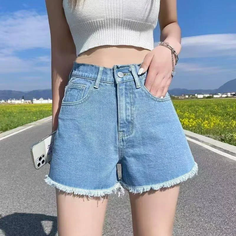 C50女士水洗棉夏季高腰牛仔短裤宽松显瘦A字收腰短裤0950