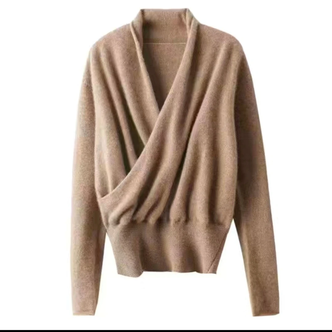 纯绵羊毛交叉叠领软糯针织打底衫气质V领毛衣秋冬