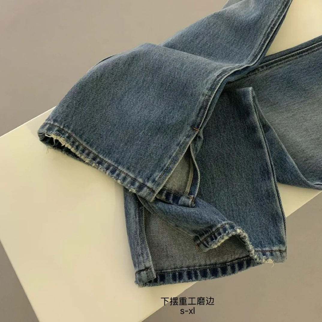 小个子高腰复古开叉微喇牛仔裤女显瘦百搭休闲拖地裤