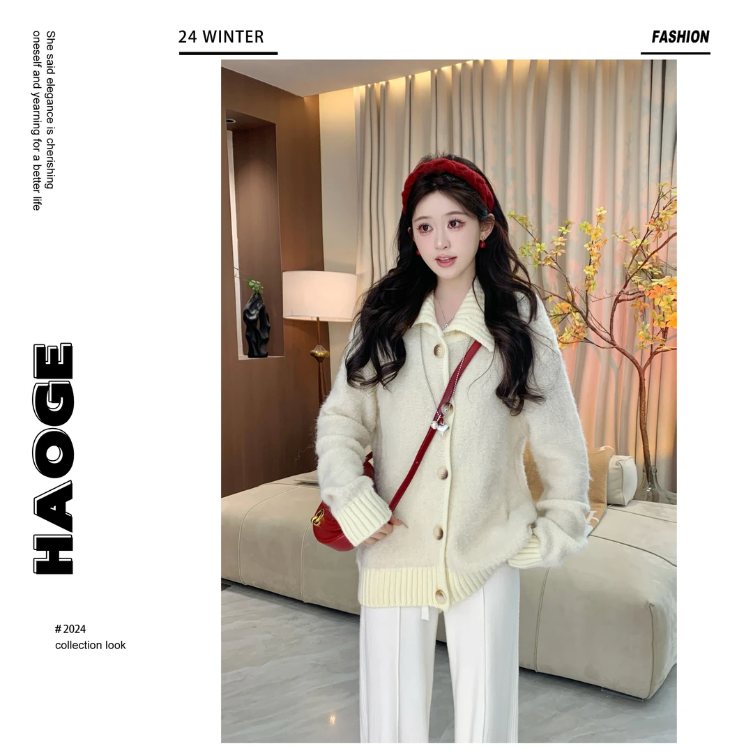 冰冰●拼色毛绒翻领开衫毛衣时尚气质减龄显瘦百搭Q4MY7964A