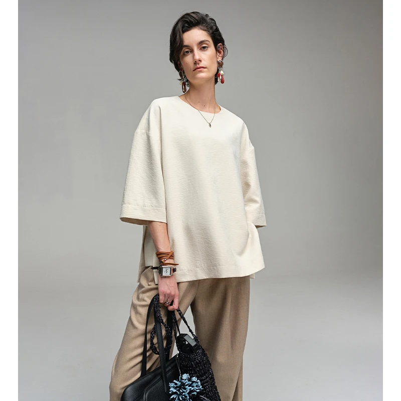 INFFTRU 定制混纺密织珠光感面料 2025年新款五分袖T恤女休闲上衣