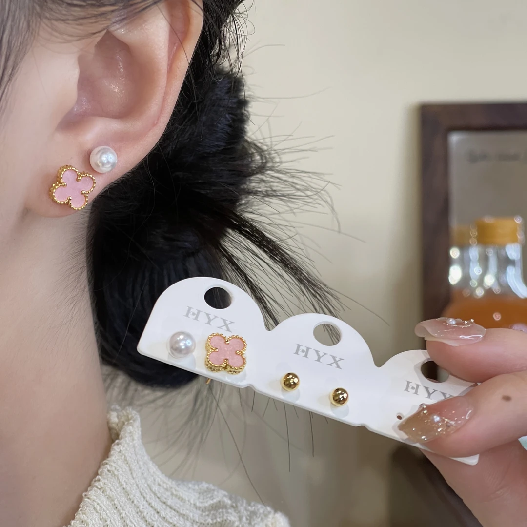 粉色四叶草组合六件套耳钉小众温柔百搭高级耳饰A-5