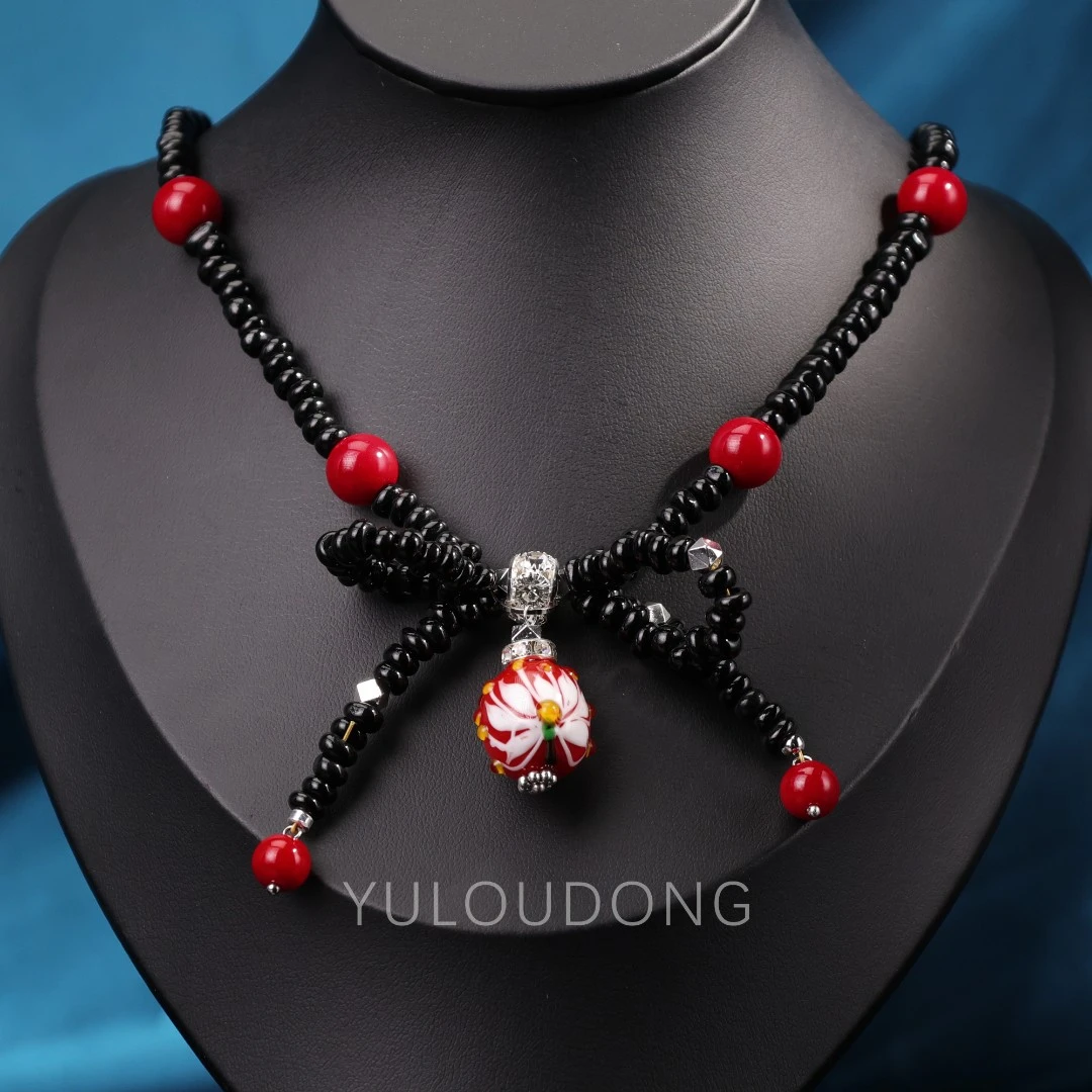 合金项链 XL305 黑红蝴蝶结彼岸花琉璃项链