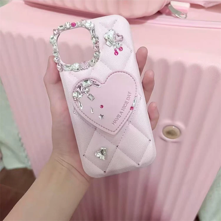 粉色菱格皮纹蝴蝶结适用iPhone17promax手机壳16pro支架15promax