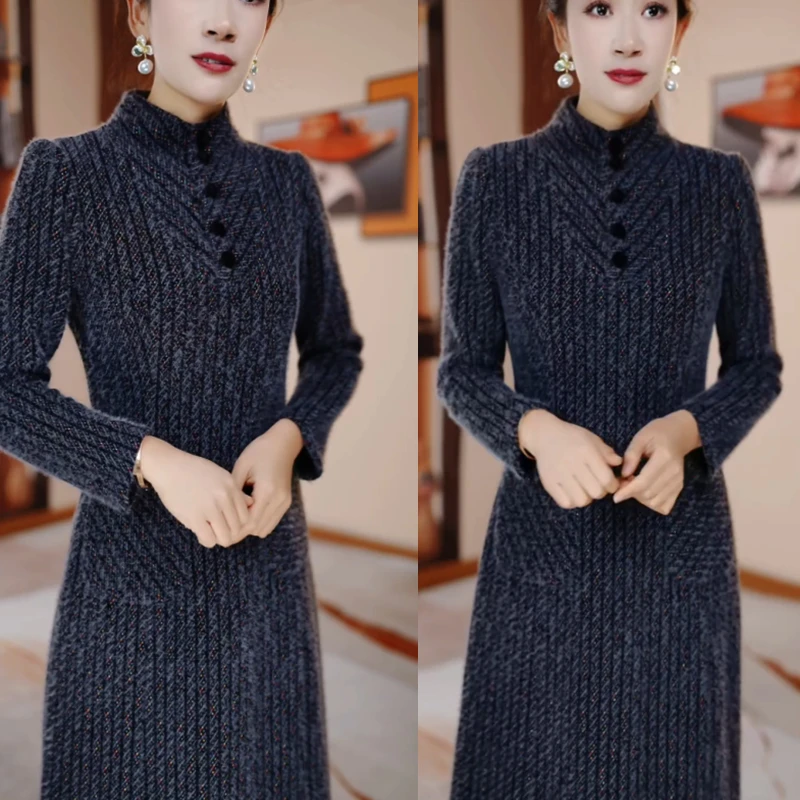 灰色条纹冬季加绒加厚修身显瘦遮肉连衣裙HR2038气质高雅大气时尚