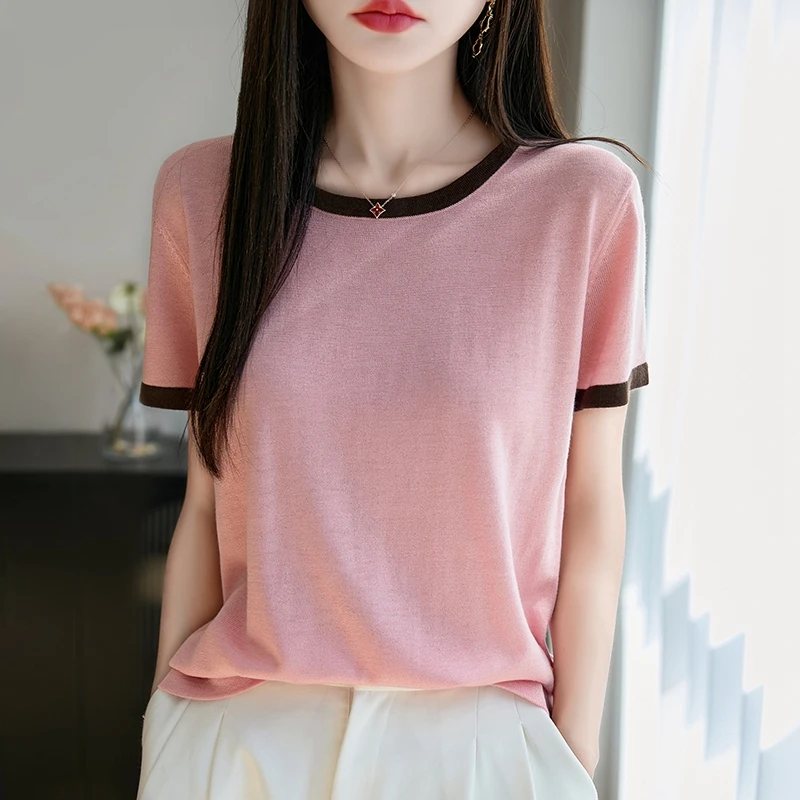 品牌夏季新款针织衫t恤撞色薄款百搭气质圆领短袖上衣