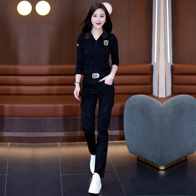 q军旅风修身显瘦款女装春秋款衬衣领长袖直筒裤工装长裤休闲套装