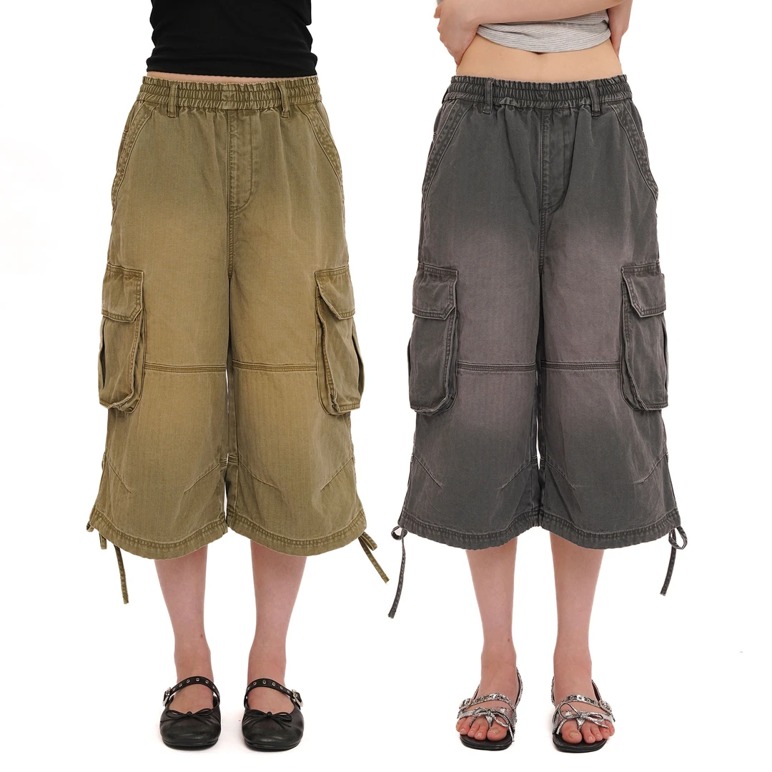 Moromoro洗褪喷马骝人字斜纹做旧立体口袋裤脚可调节工装七分中裤