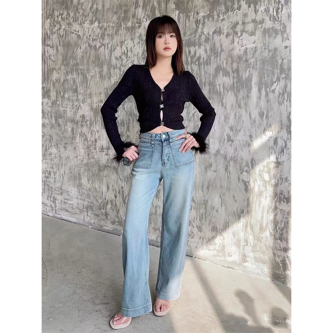 夏季高腰牛仔裤中高腰直筒阔腿裤时尚显瘦百搭蓝色直筒2028-1#