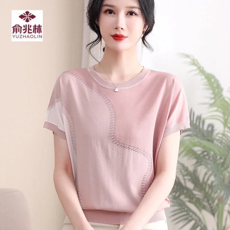 2025新款妈妈夏装洋气冰丝短袖T恤上衣中老年女宽松针织时尚小衫