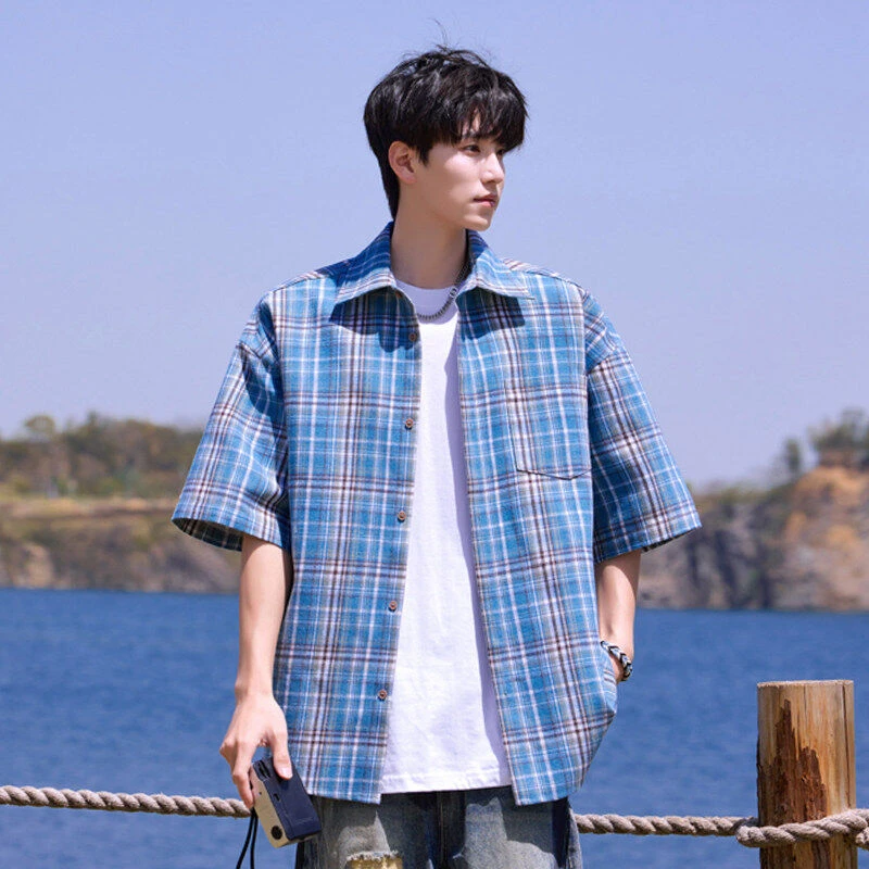 识恩美式潮牌格子短袖衬衫男士夏季薄款凉感宽松痞帅休闲衬衣外套