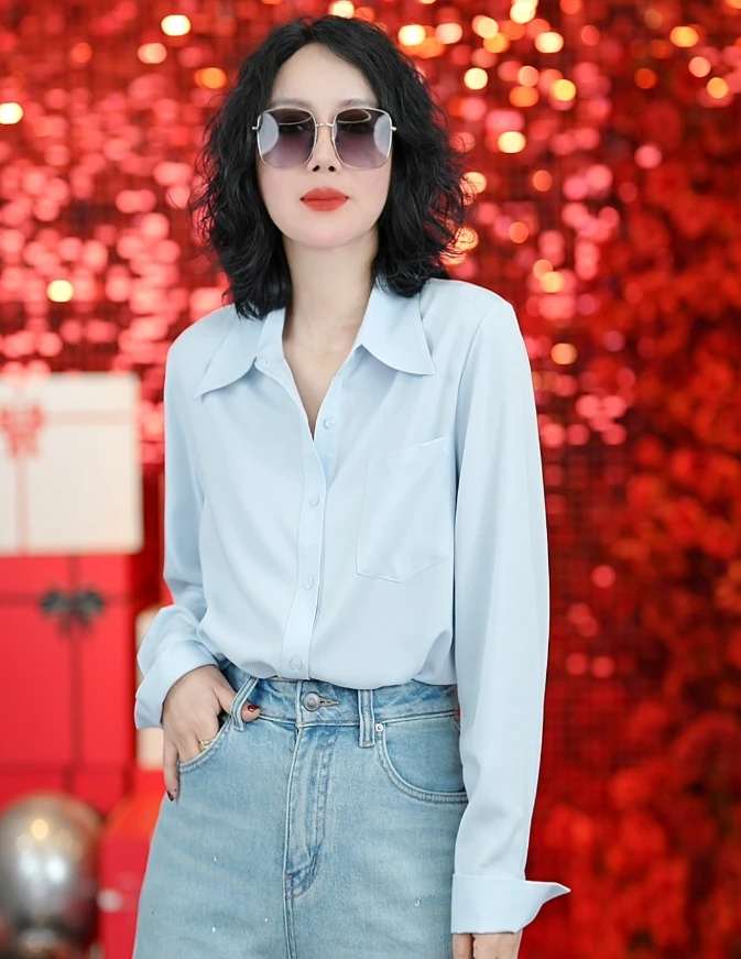 靓丽女士长袖翻领高档大红色衬衫/B1051