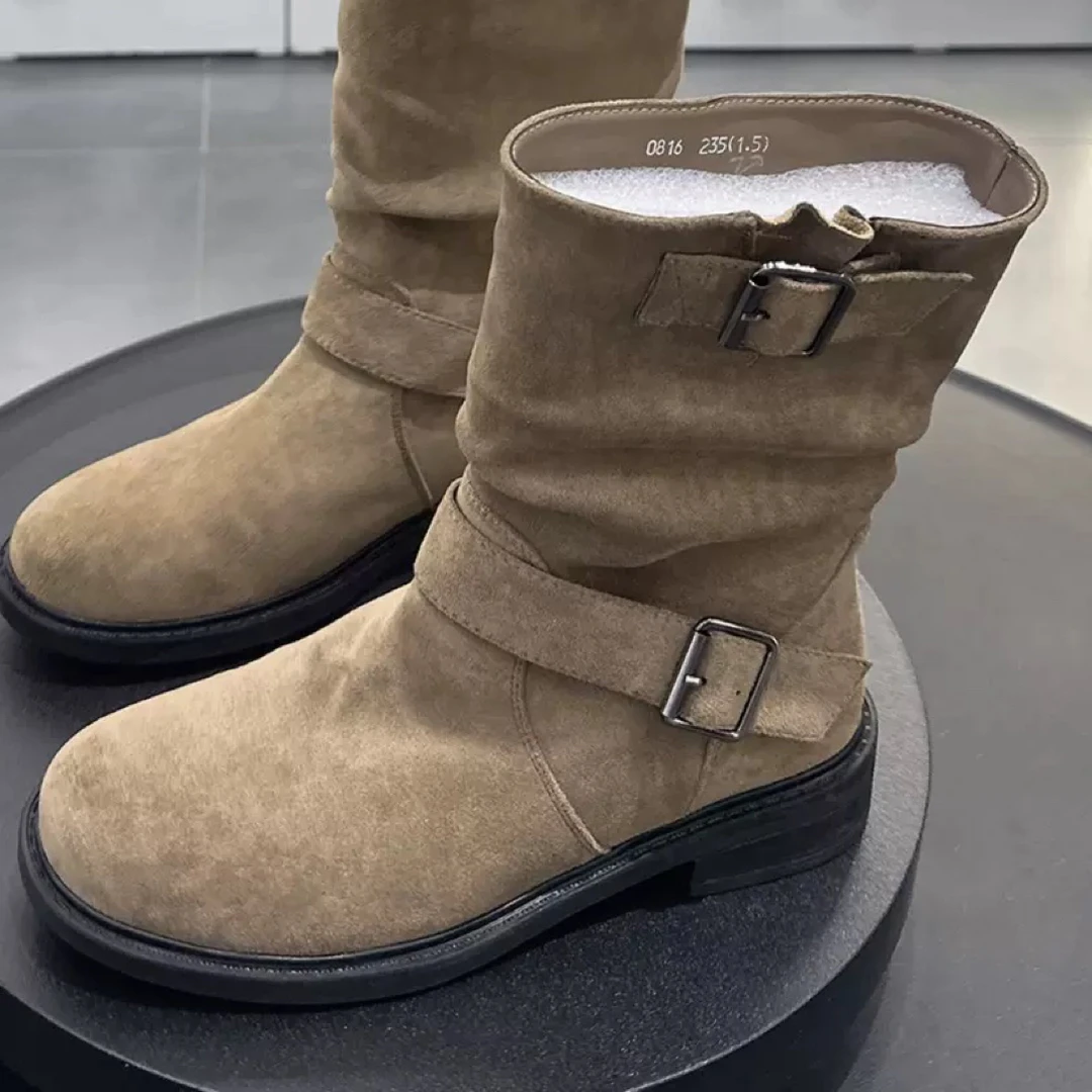 909-3磨砂绒面软底~机车皮带扣圆头中筒靴女新款马丁靴堆堆靴