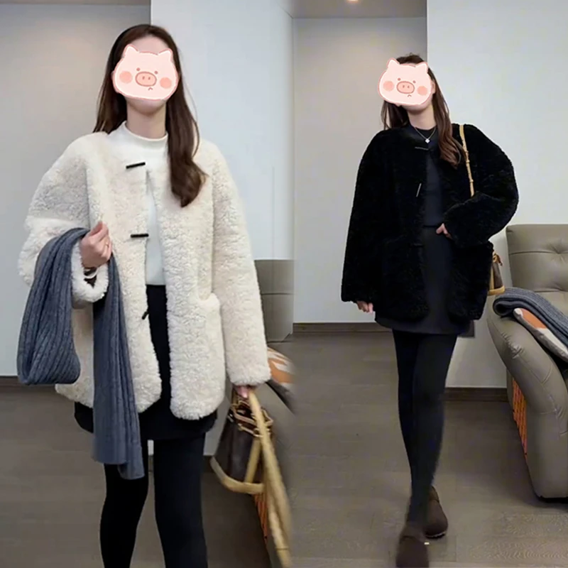 韩系2025秋冬时尚百搭新款圆领设计上衣宽松显瘦外套女潮中长款