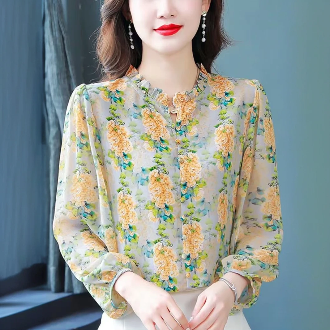 【F867】碎花衬衫打底衫宽松上衣显瘦雪纺衫印花气质