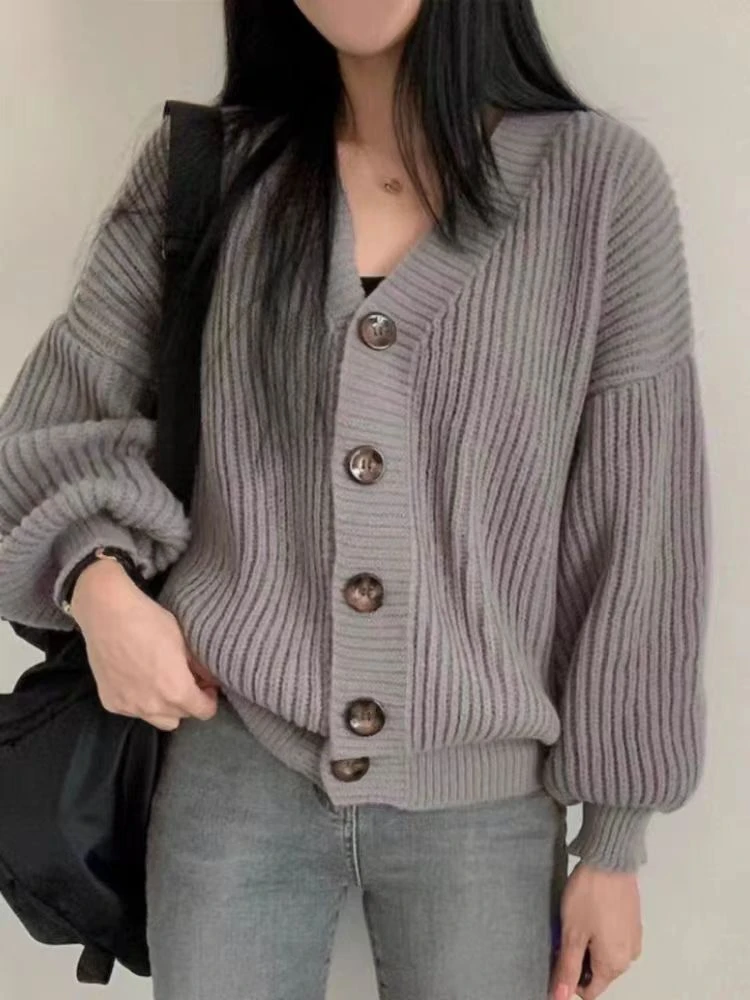 慵懒灯笼袖针织开衫女春新款百搭高级感别致宽松毛衣外套女