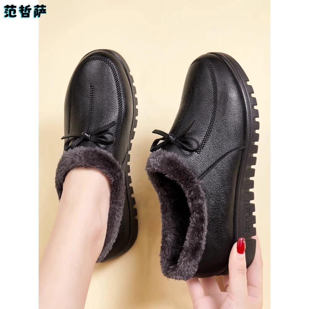 妈妈鞋冬季加绒棉鞋女冬皮鞋软底保暖中老年奶奶防滑老人鞋子中年