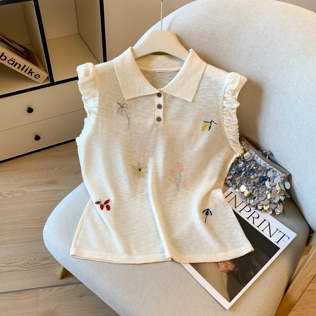 温柔风甜美天丝轻薄针织衫夏季新款飞飞袖显瘦polo领花朵刺绣上衣