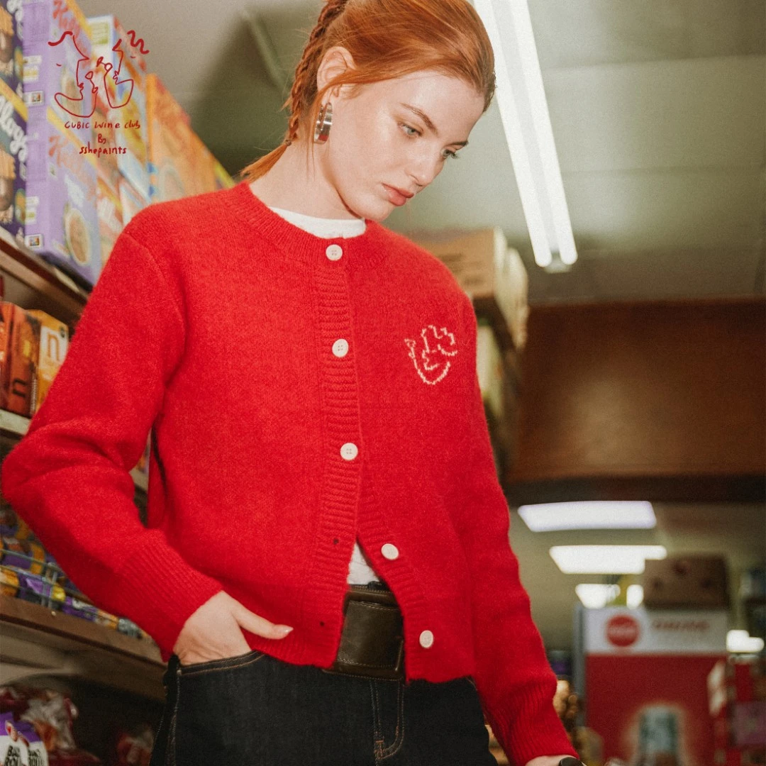 CUBIC 【WINE CLUB】超柔软弹力亲肤针织提花短款宽松版型针织开衫