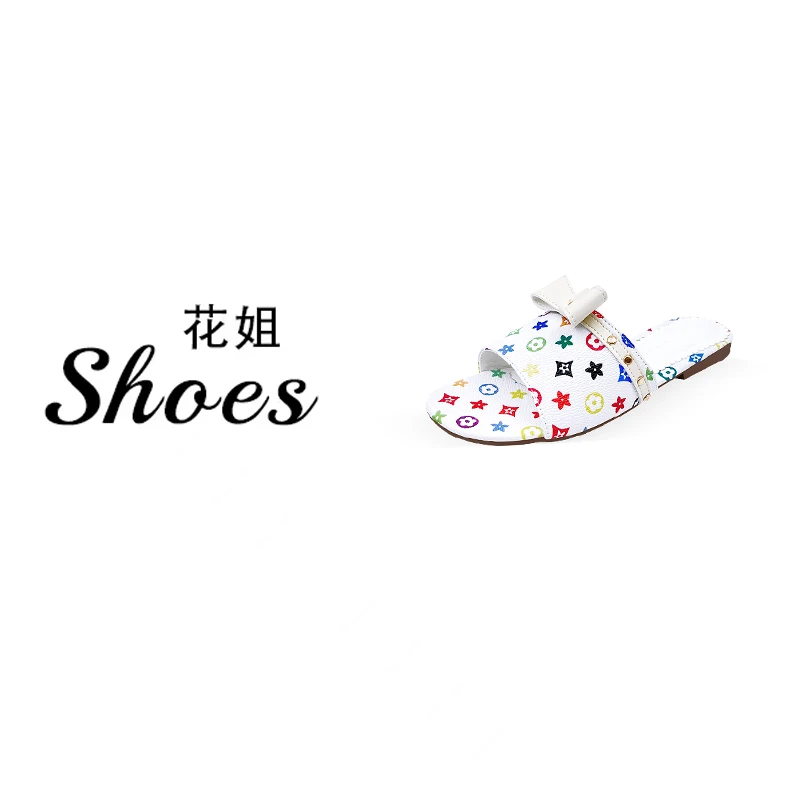 经典蝴蝶印花凉拖休闲风T型时尚女士平底一字拖外穿凉拖鞋-HT709