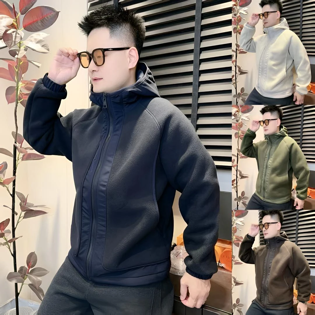 加厚摇粒绒拼接连帽外套冬季新款男士时尚痞帅慵懒风外套保暖秋冬