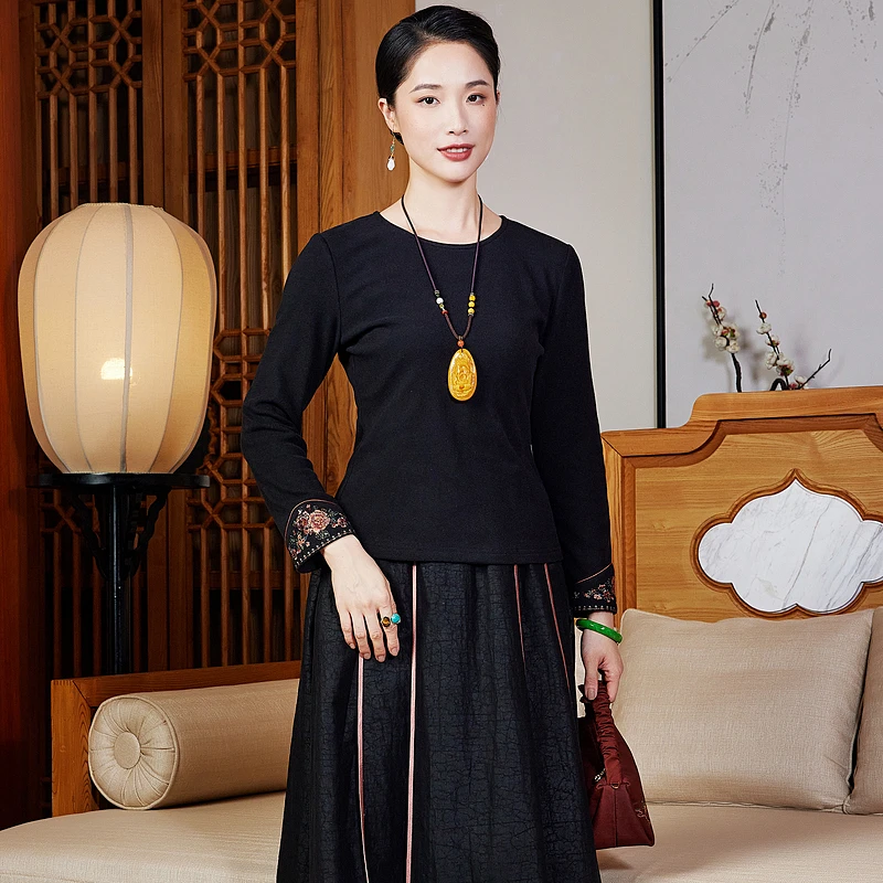 【拂香尘净】生物绒针织黑色保暖复古日常百搭长袖打底衫上衣W25179