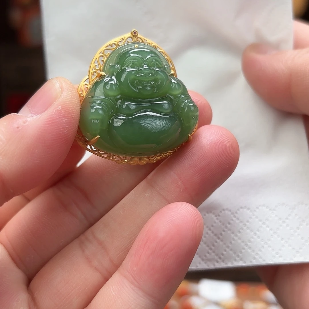 和田玉吊坠18K金镶嵌3371-g9弥勒佛