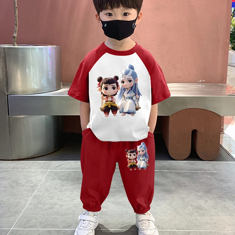 哪吒衣服儿童套装夏季男童纯棉国潮短袖上衣长裤女童两件套中小童