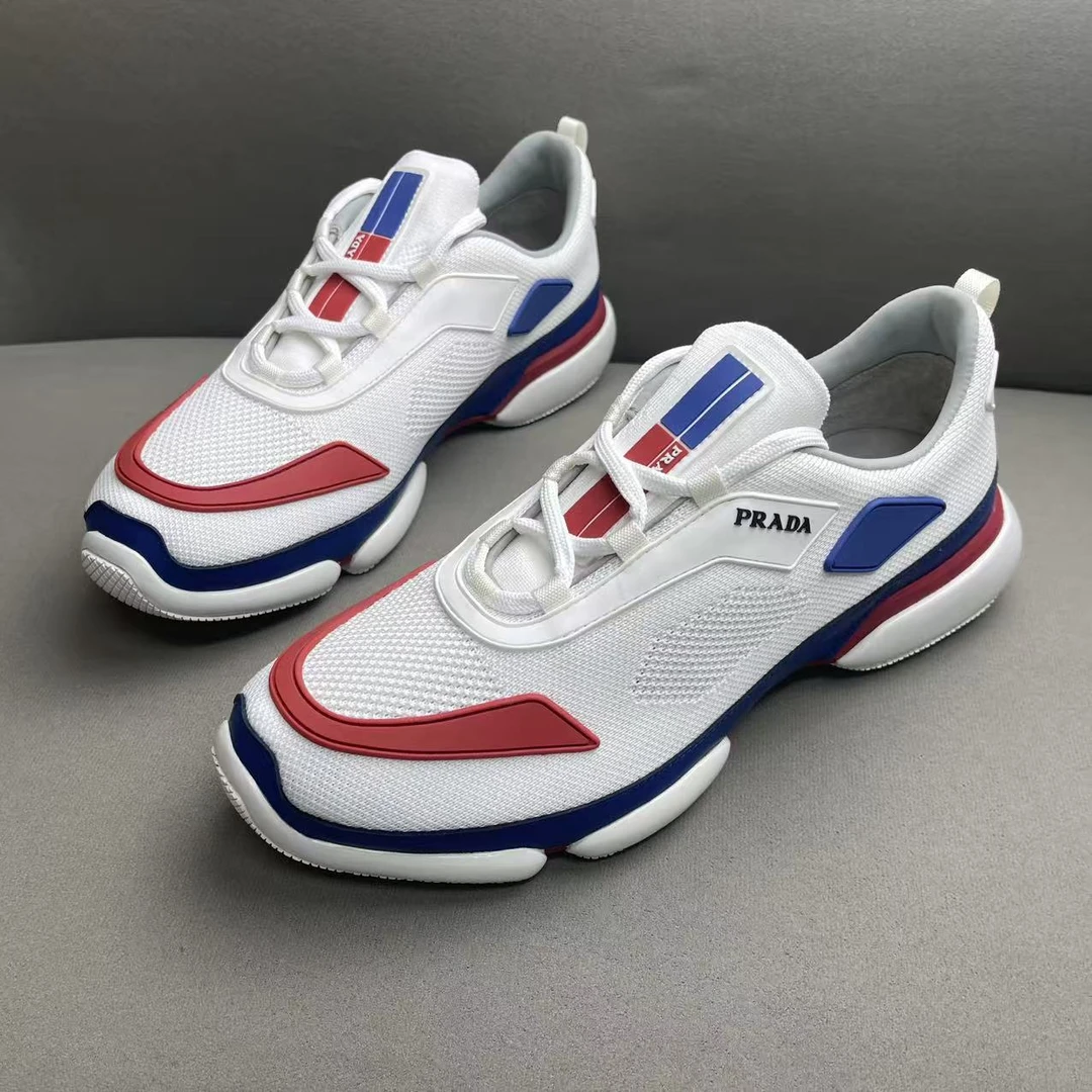 未使用 Prada/普拉达 红白拼色编织网面侧边logo云朵运动鞋 42码