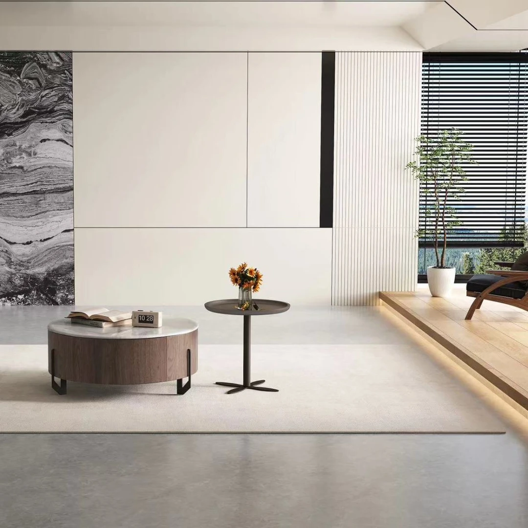 中古风胡桃色圆形茶几电视柜茶台客厅家用小户型简约大小组合茶桌