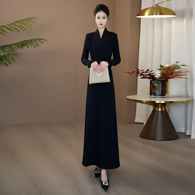 气质墨蓝色连衣裙2025秋季加厚新款收腰显瘦显白过膝大摆长裙202