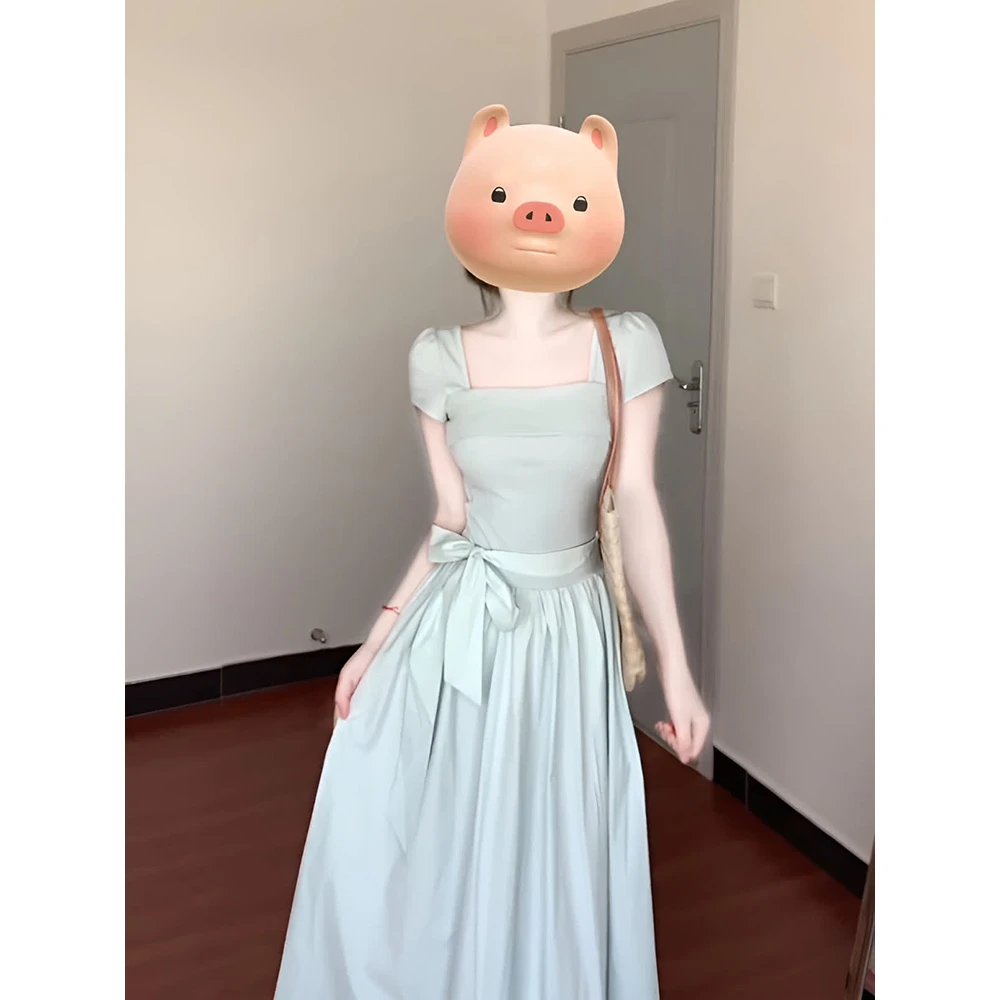 洋气衣服女短袖方领连衣裙子女夏季2025新款法式收腰显瘦气质长裙