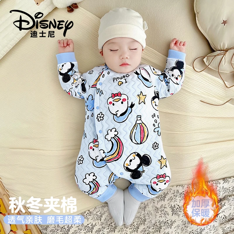 Disney/迪士尼婴儿保暖连体衣秋冬季宝宝三层夹棉衣服睡衣2件装