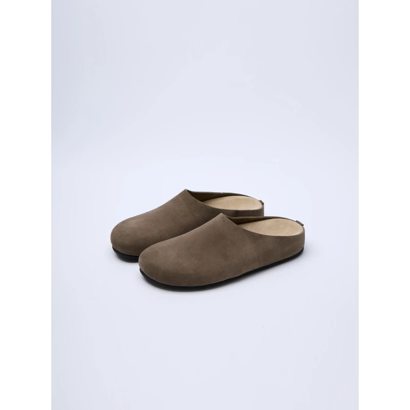 XBOSS新款勃肯鞋一脚蹬厚底row风真皮牛反绒平底博肯包头半拖鞋女