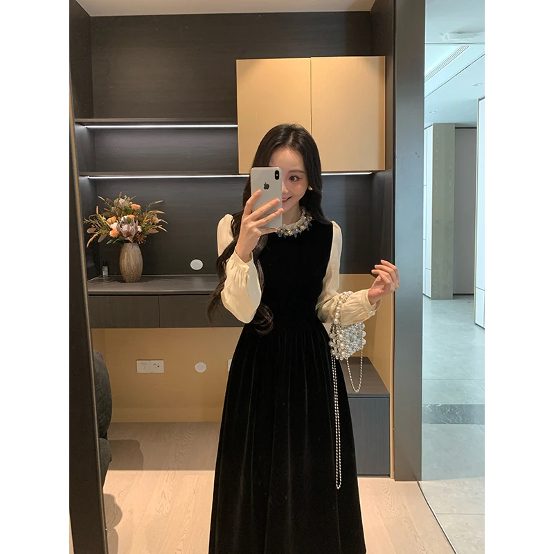 XINYI【月下舞曲】冬季钉珠假两件撞色丝绒连衣裙显瘦X625Q20937