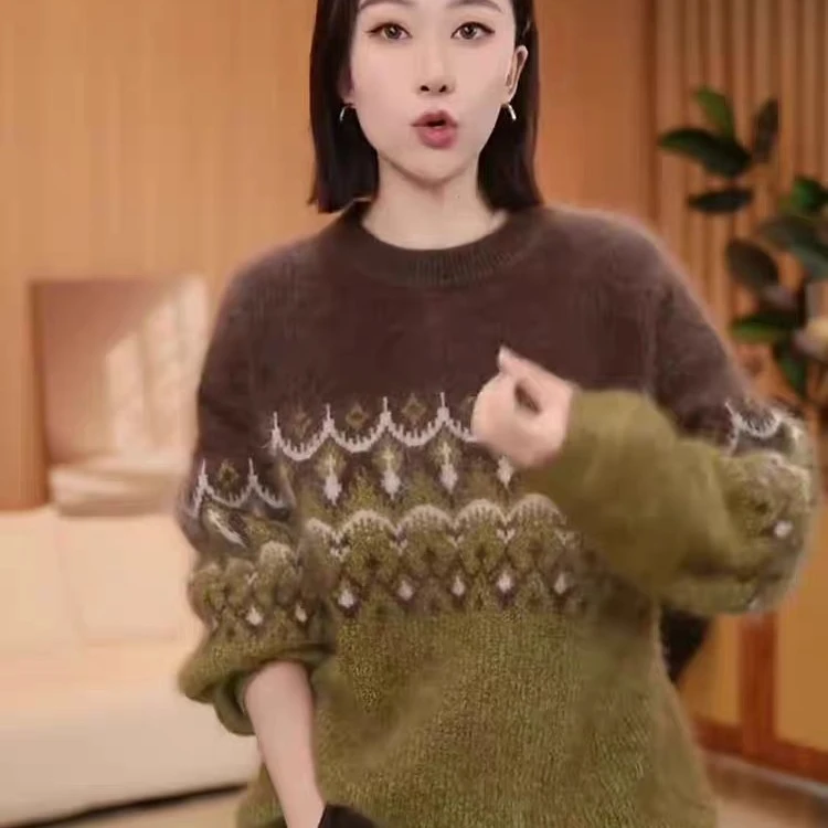 5077-1费尔岛复古提花撞色圆领套头慵懒风针织衫女冬加厚保暖毛衣