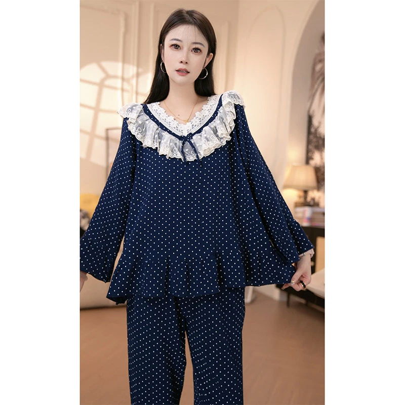 复古法式纯棉睡衣女春秋季可爱波点蕾丝娃娃衫双层棉纱长袖家居服