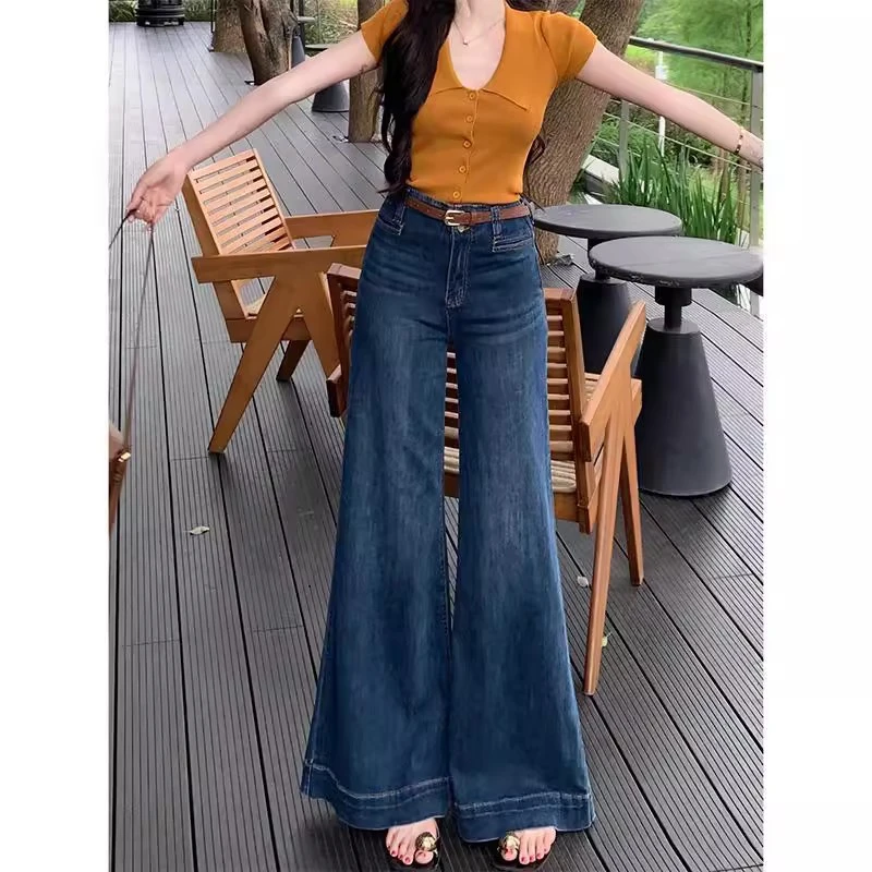 夏季新款复古阔腿牛仔裤女2025夏高腰不贴腿显瘦显腿长拖地气质