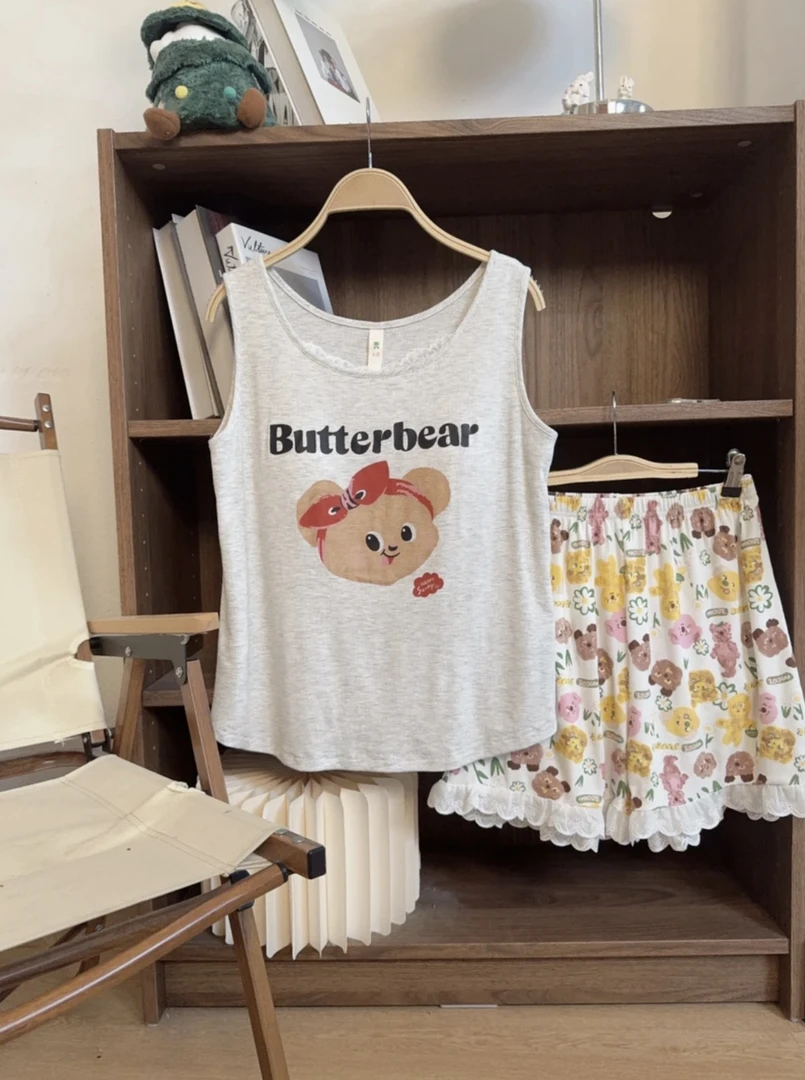 黄油小熊睡衣女夏季莫代尔背心短裤家居服带胸垫可外穿格子裤套装