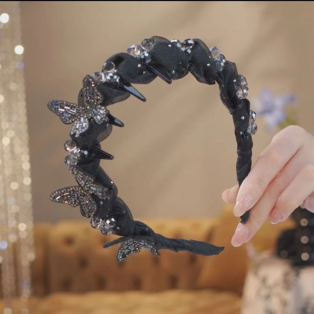 蝴蝶气质波浪发高颅2025水晶新款洗脸发卡高级头箍发饰防滑