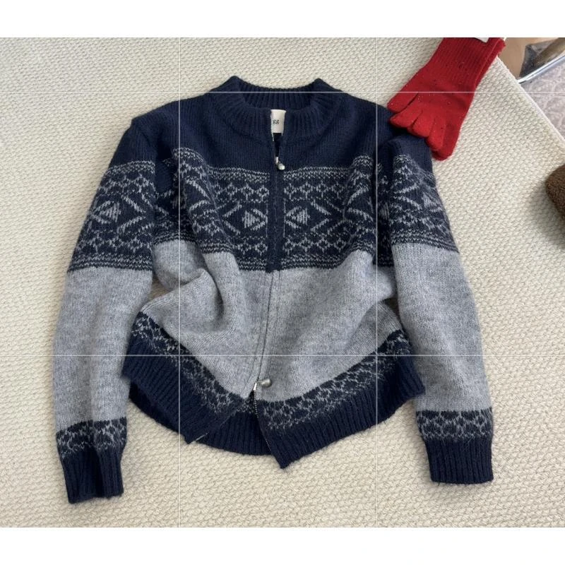 韩系复古慵懒费尔岛雪花软糯针织拉链衫宽松毛衣外套女Q35