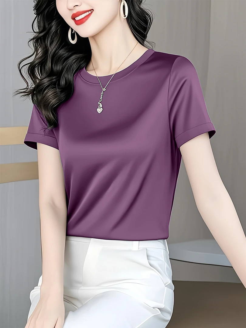 冰丝新款夏季纯色短袖t恤女士圆领休闲百搭显瘦宽松时尚通勤上衣