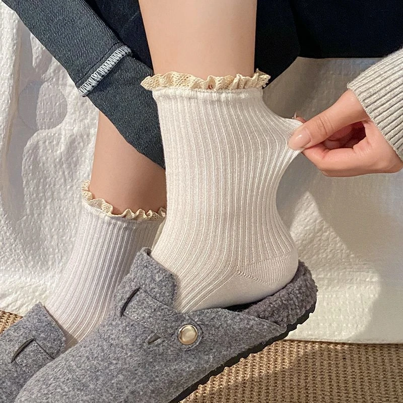 花边竖条袜子女中筒袜ins潮纯棉春秋款日系复古jk堆堆袜秋冬长袜