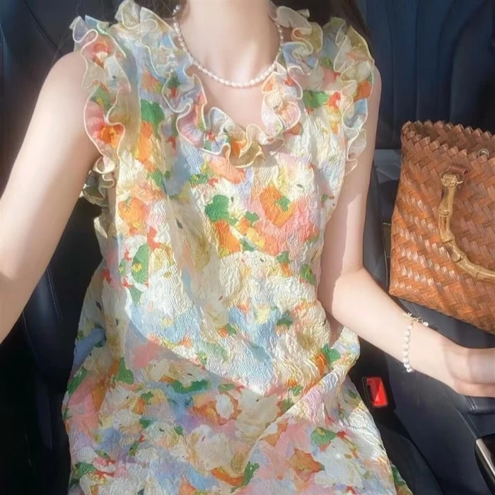 甜美碎花花朵木耳边无袖背心连衣裙女夏季超仙气质宽松度假短裙子