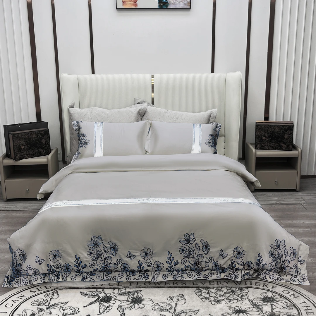 【暮云生活】北欧风超柔长绒棉精工刺绣四件套-伊莎贝拉/浅灰