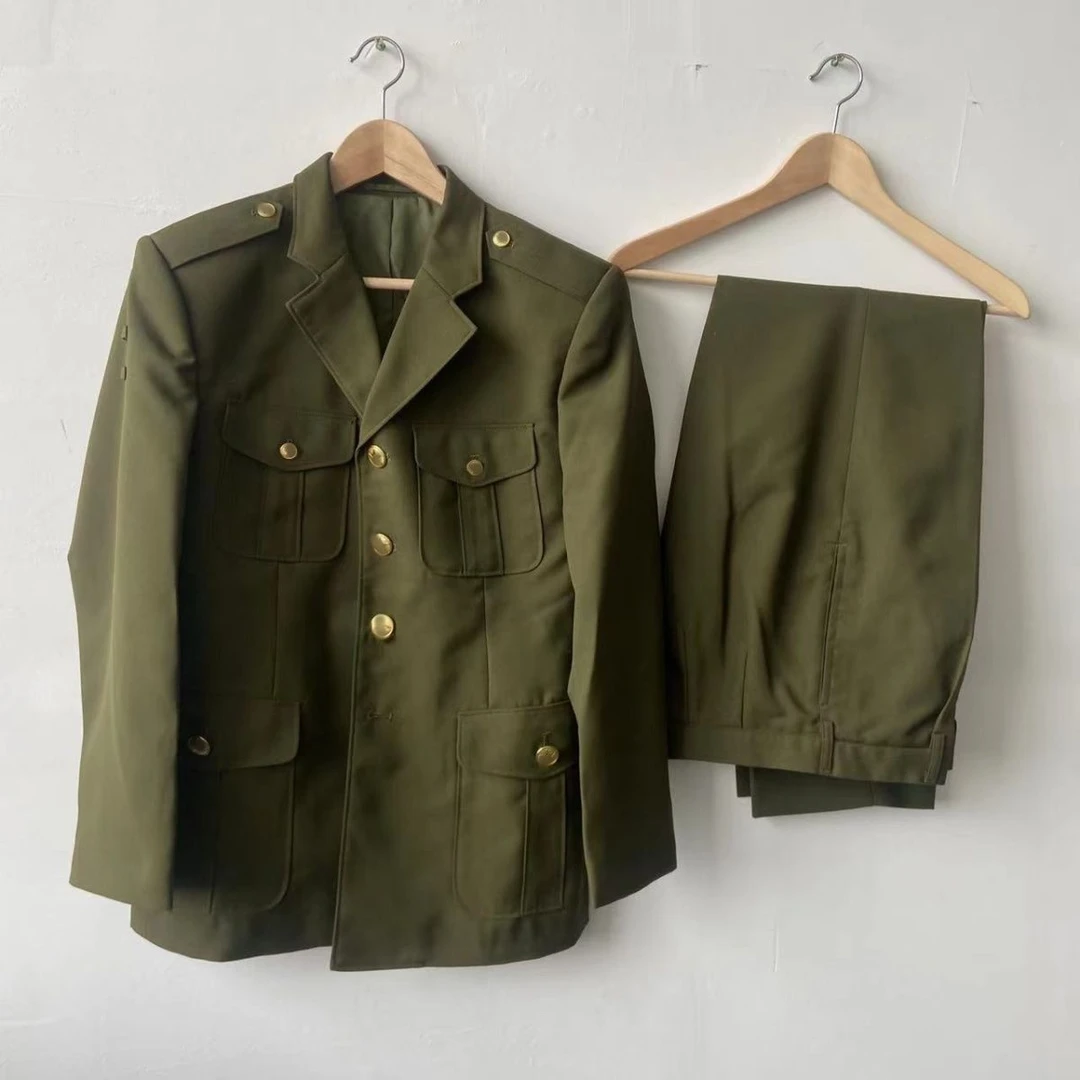 黄绿色库存夏服斜纹套装正装春秋老款中山装西装演出翻领收藏