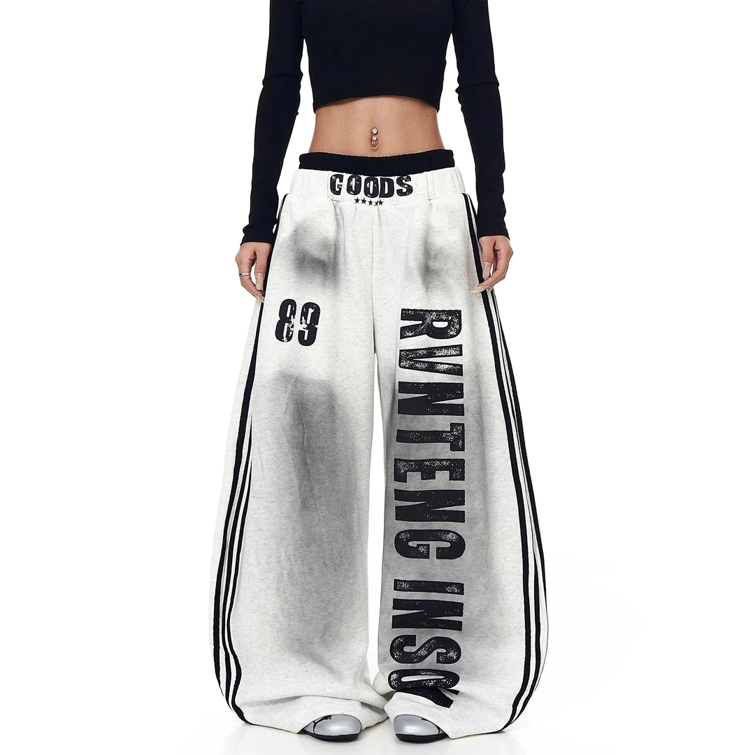 美式高街脏脏做旧字母双腰头卫裤女2025新款设计感街舞弯刀阔腿裤